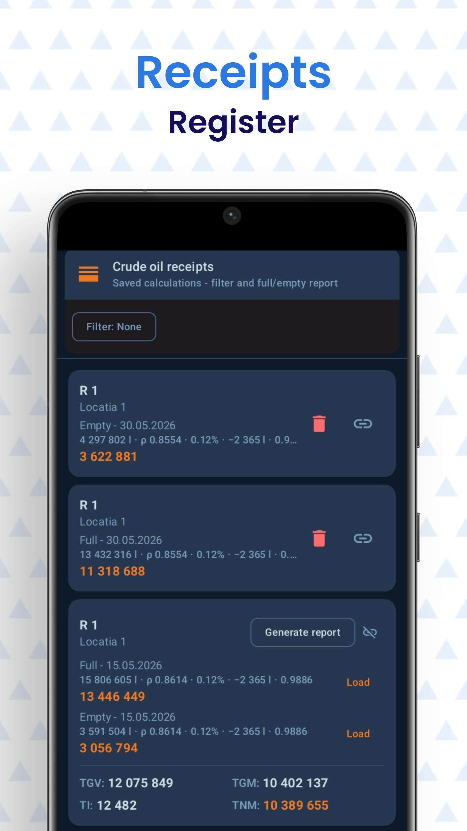 Receipts register: saved calculations with filter and paired full/empty entries