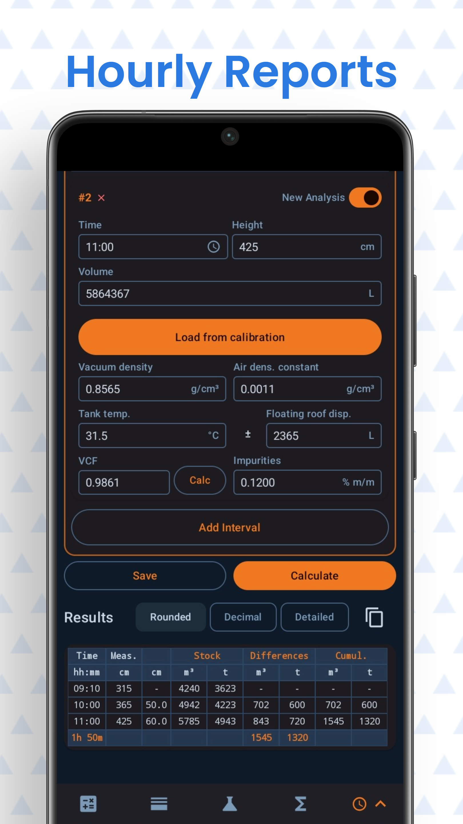 Integrated tank-to-calculations workflow with time-stamped intervals