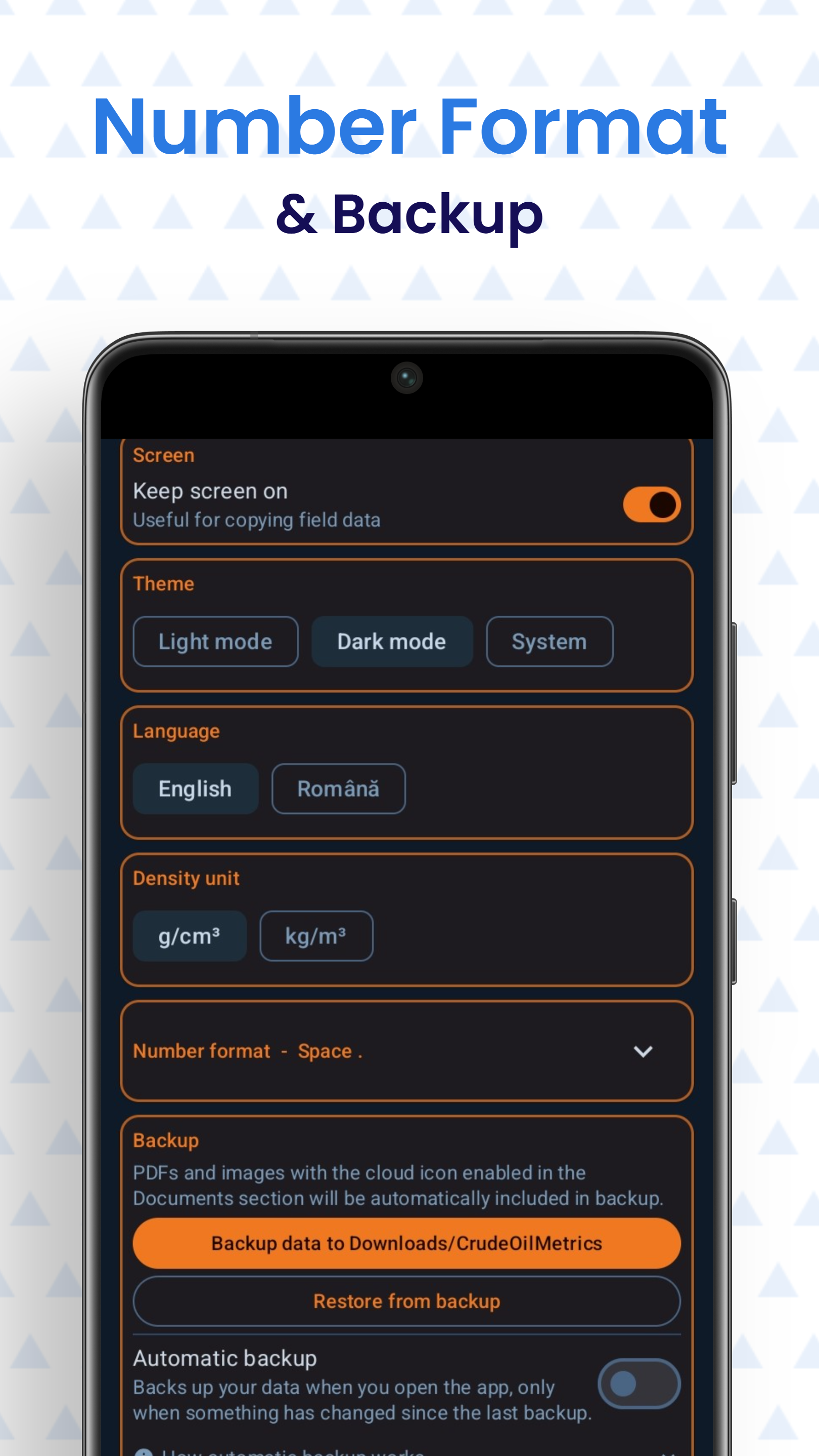 Settings: theme, language, density unit, number format, and automatic backup